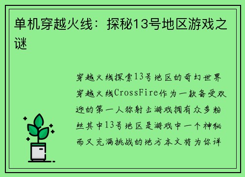 单机穿越火线：探秘13号地区游戏之谜